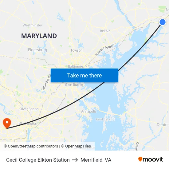 Cecil College Elkton Station to Merrifield, VA map