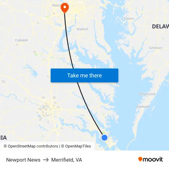 Newport News to Merrifield, VA map