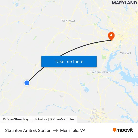 Staunton Amtrak Station to Merrifield, VA map
