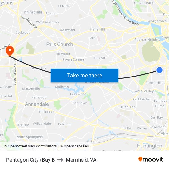 Pentagon City+Bay B to Merrifield, VA map