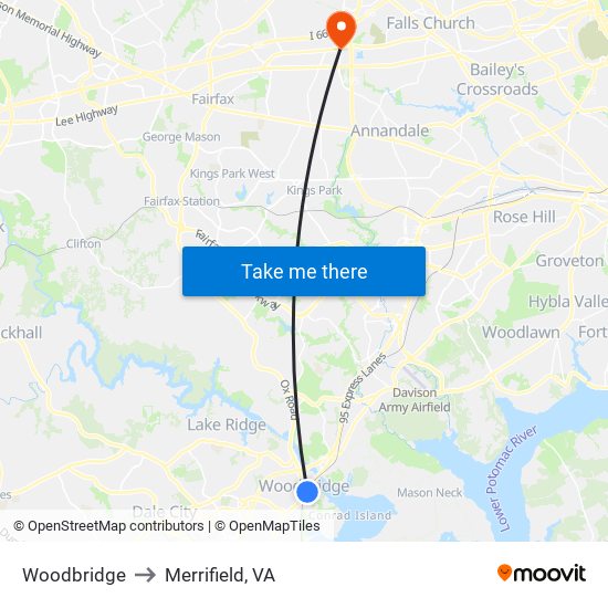 Woodbridge to Merrifield, VA map