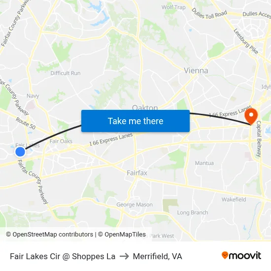 Fair Lakes Cir @ Shoppes La to Merrifield, VA map