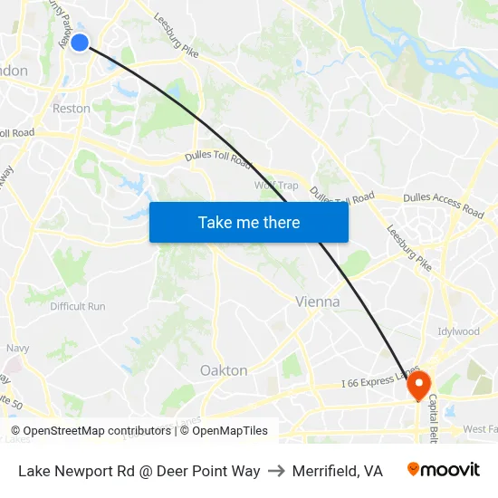 Lake Newport Rd @ Deer Point Way to Merrifield, VA map