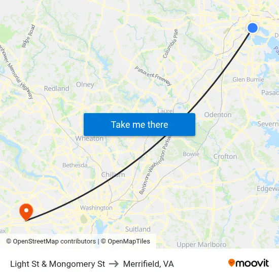 Light St & Mongomery St to Merrifield, VA map