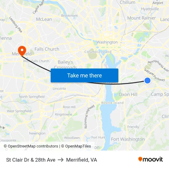 St Clair Dr & 28th Ave to Merrifield, VA map