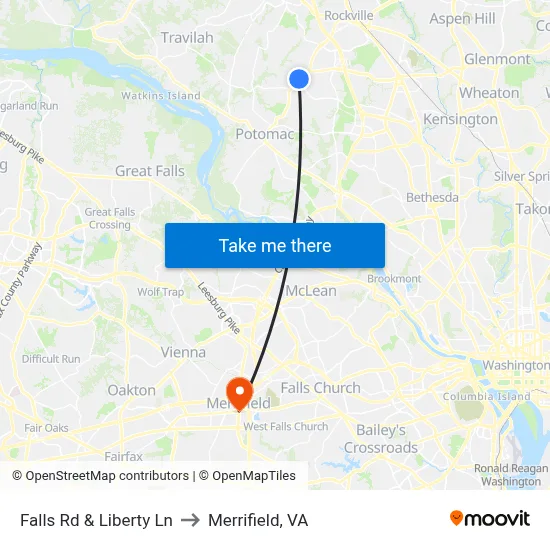 Falls Rd & Liberty Ln to Merrifield, VA map