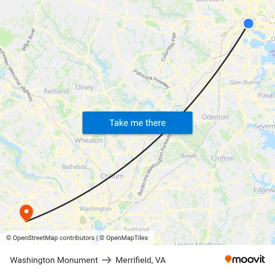 Washington Monument to Merrifield, VA map