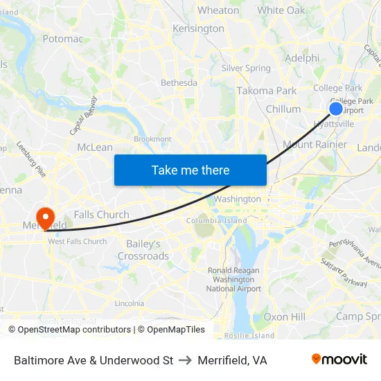 Baltimore Ave & Underwood St to Merrifield, VA map