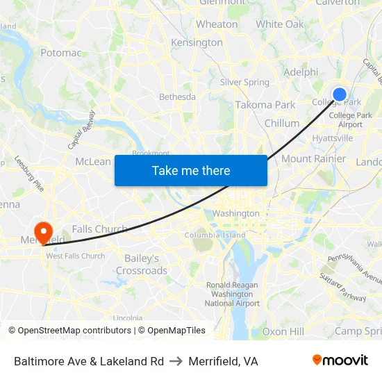Baltimore Ave & Lakeland Rd to Merrifield, VA map