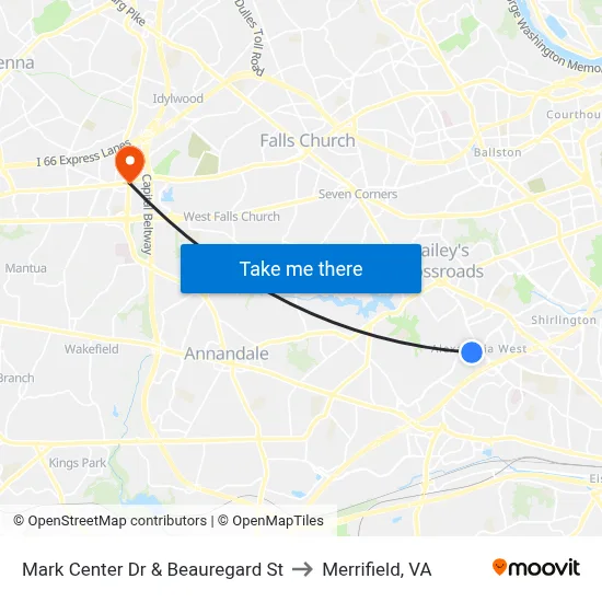 Mark Center Dr & Beauregard St to Merrifield, VA map
