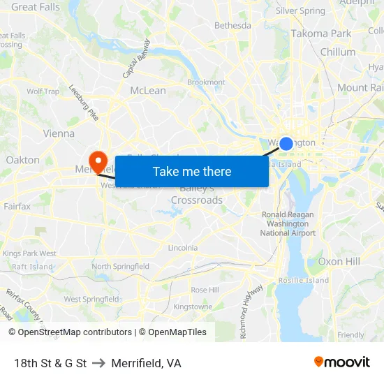18th St & G St to Merrifield, VA map