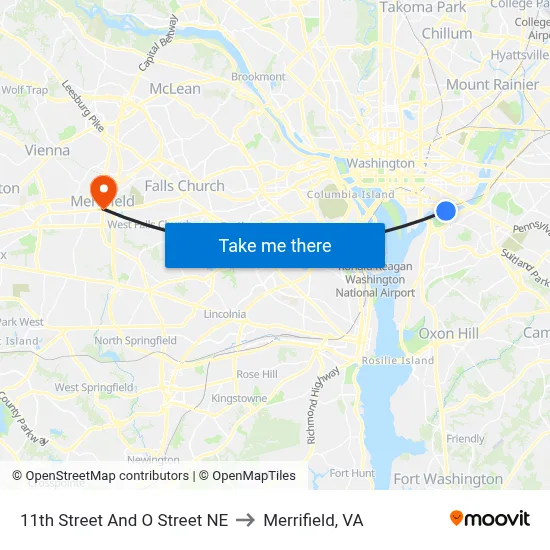 11th Street And O Street NE to Merrifield, VA map