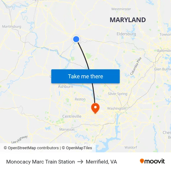 Monocacy Marc Train Station to Merrifield, VA map