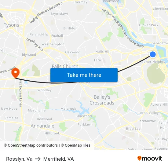Rosslyn, Va to Merrifield, VA map