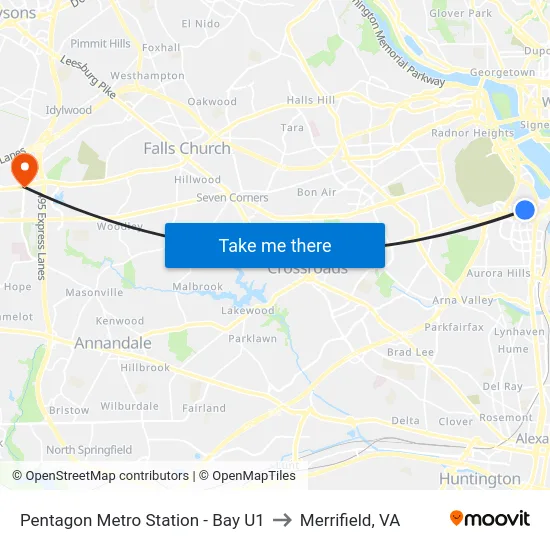Pentagon Transit Center (Bay U1) to Merrifield, VA map