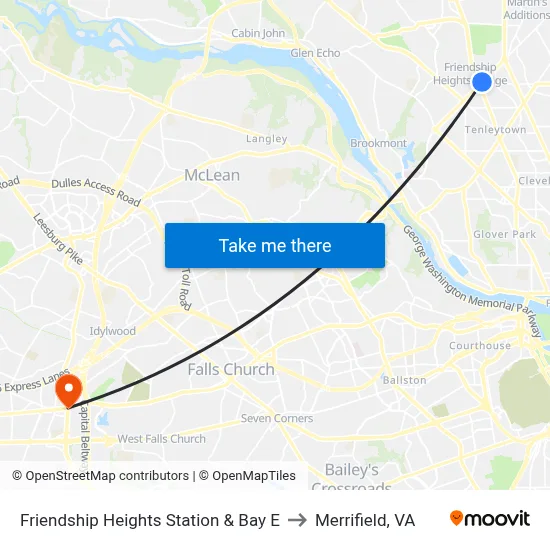 Friendship Heights Station & Bay E to Merrifield, VA map