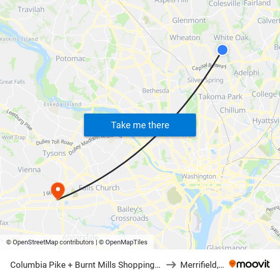 Columbia Pike + Burnt Mills Shopping Center to Merrifield, VA map