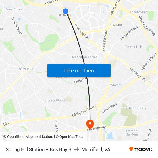 Spring Hill Station + Bus Bay B to Merrifield, VA map