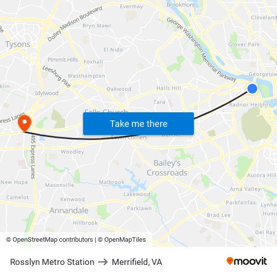 Rosslyn Metro Station to Merrifield, VA map