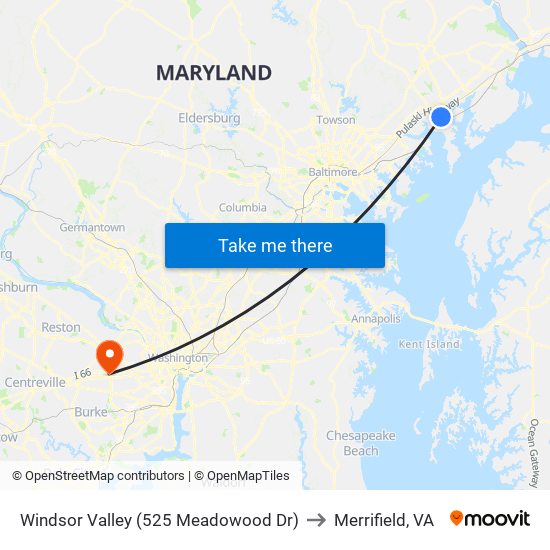 Windsor Valley (525 Meadowood Dr) to Merrifield, VA map