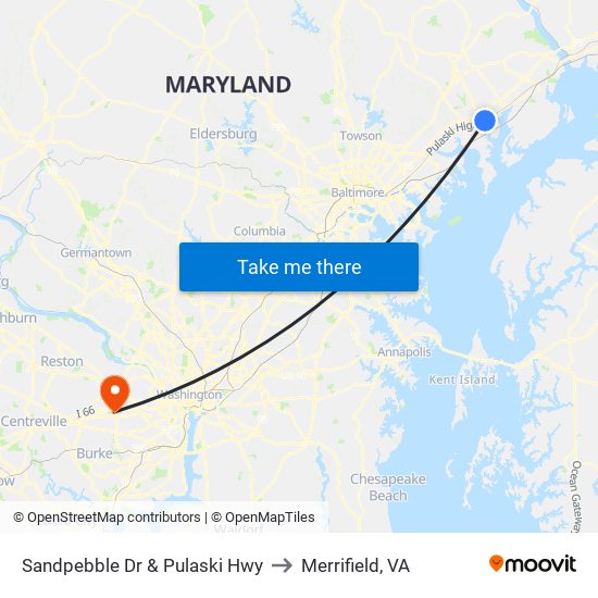 Sandpebble Dr & Pulaski Hwy to Merrifield, VA map