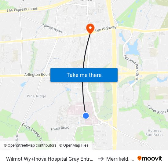 Wilmot Wy+Inova Hospital Gray Entrance to Merrifield, VA map