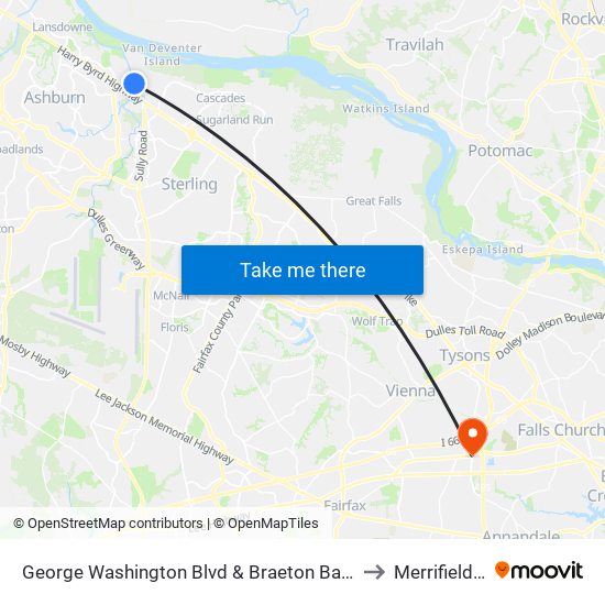 George Washington Blvd & Braeton Bay Terrace to Merrifield, VA map