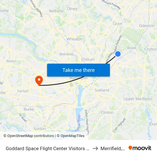 Goddard Space Flight Center Visitors Center to Merrifield, VA map