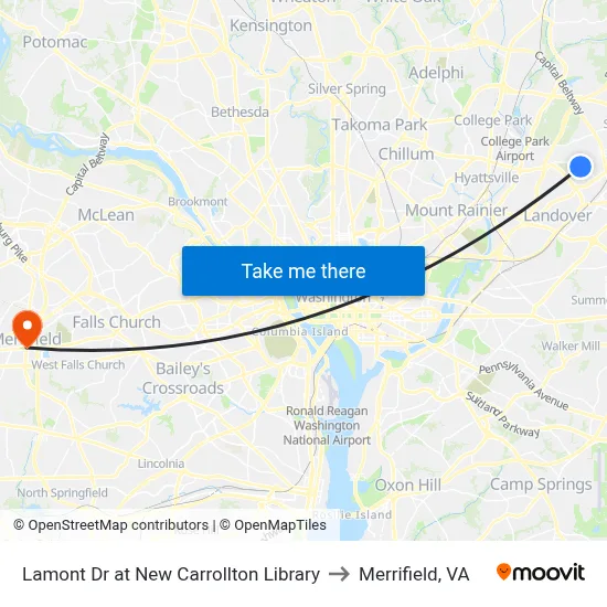 Lamont Dr at New Carrollton Library to Merrifield, VA map