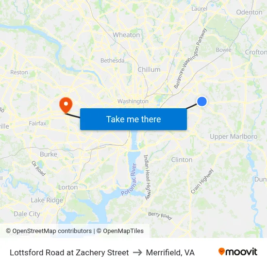 Lottsford Road at Zachery Street to Merrifield, VA map