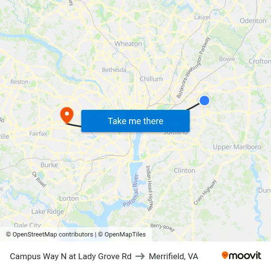 Campus Way N at Lady Grove Rd to Merrifield, VA map