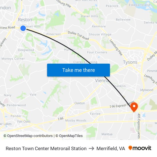 Reston Town Center Metrorail Station to Merrifield, VA map