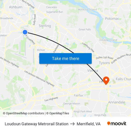 Loudoun Gateway Metrorail Station to Merrifield, VA map