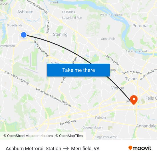Ashburn Metrorail Station to Merrifield, VA map