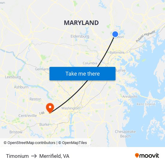 Timonium to Merrifield, VA map