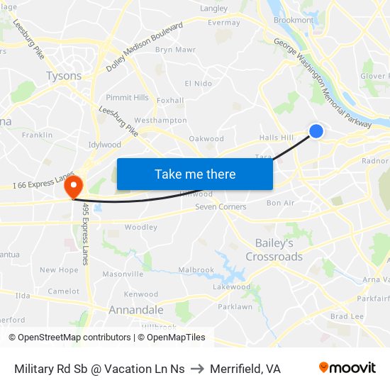 Military Rd Sb @ Vacation Ln Ns to Merrifield, VA map