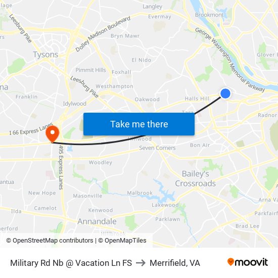 Military Rd Nb @ Vacation Ln FS to Merrifield, VA map