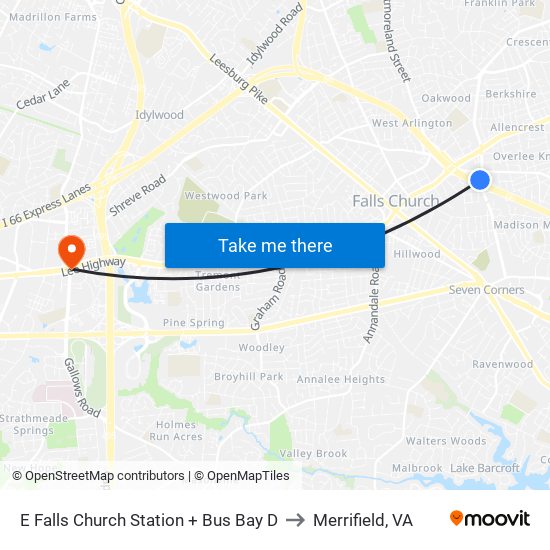 E Falls Church Station + Bus Bay D to Merrifield, VA map