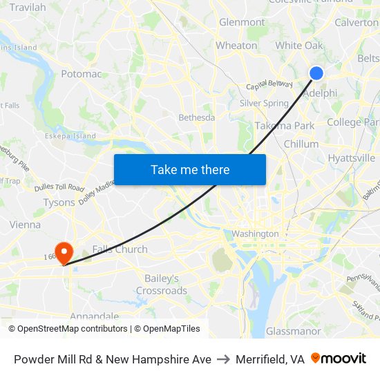 Powder Mill Rd & New Hampshire Ave to Merrifield, VA map