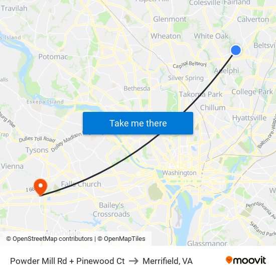 Powder Mill Rd + Pinewood Ct to Merrifield, VA map