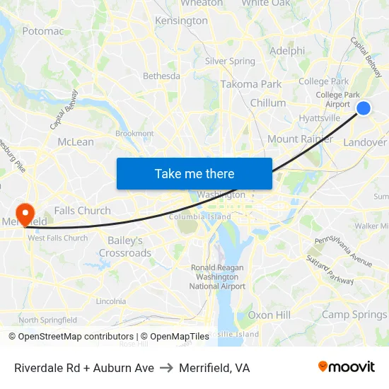 Riverdale Rd + Auburn Ave to Merrifield, VA map