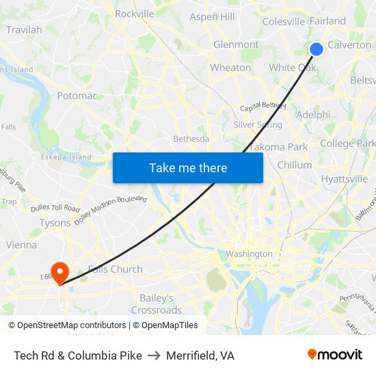 Tech Rd & Columbia Pike to Merrifield, VA map