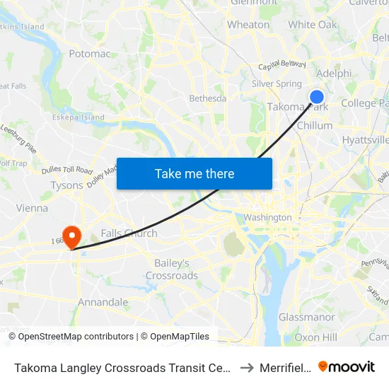 Takoma Langley Crossroads Transit Center + Bus Bay A to Merrifield, VA map