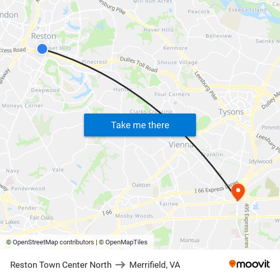 Reston Town Center North to Merrifield, VA map