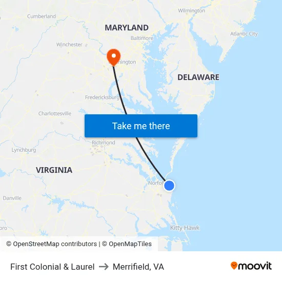 First Colonial & Laurel to Merrifield, VA map