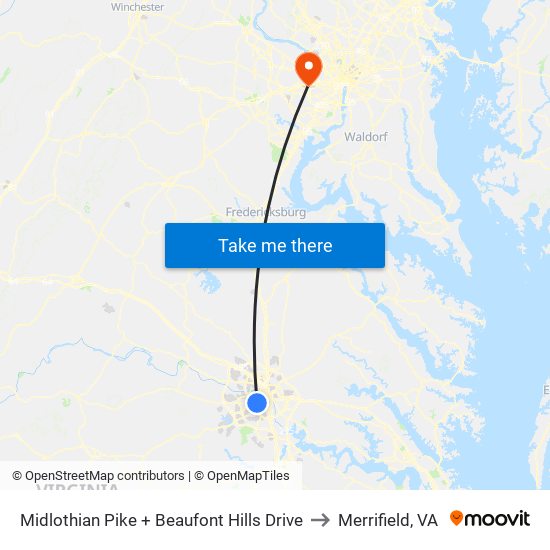 Midlothian Pike + Beaufont Hills Drive to Merrifield, VA map