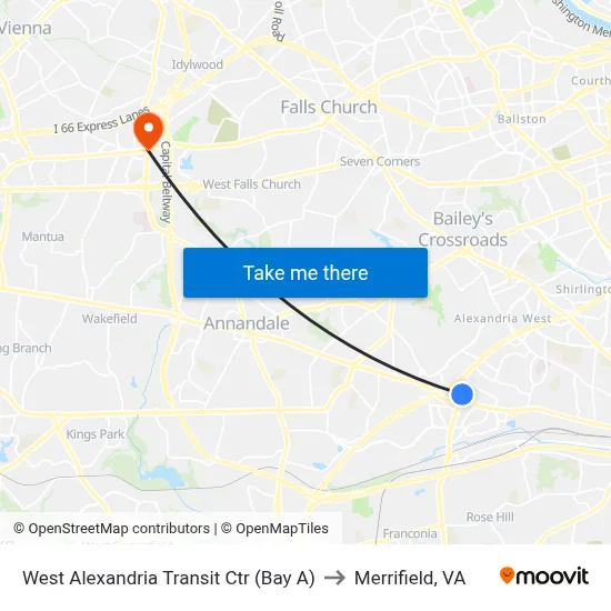 West Alexandria Transit Ctr (Bay A) to Merrifield, VA map