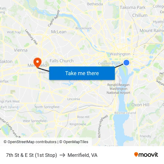 7th St & E St (1st Stop) to Merrifield, VA map