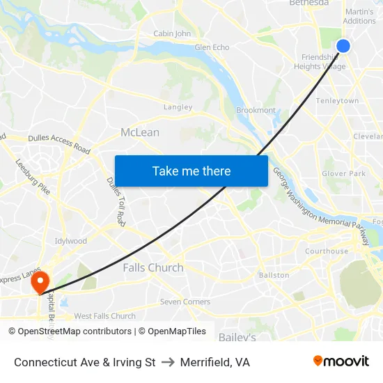 Connecticut Ave & Irving St to Merrifield, VA map