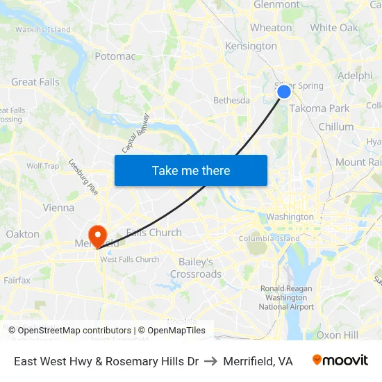 East West Hwy & Rosemary Hills Dr to Merrifield, VA map